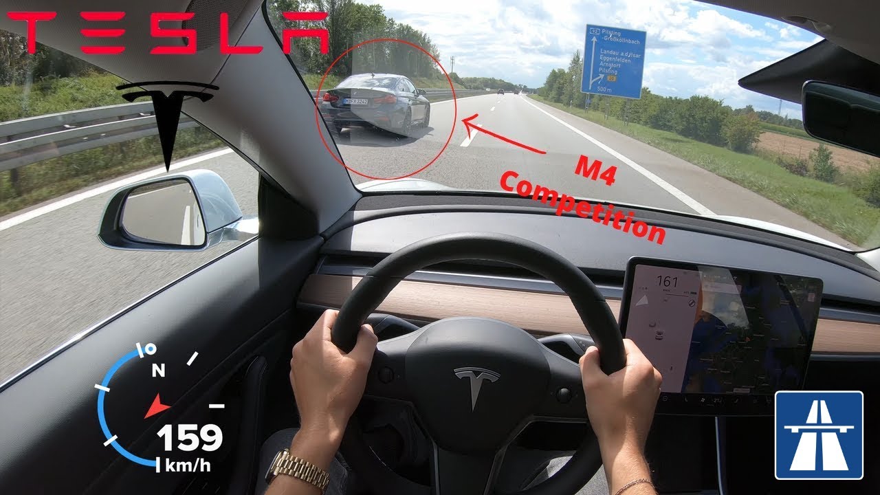 TESLA MODEL 3 460 HP TOP SPEED POV DRIVE ON GERMAN AUTOBAHN NO LIMIT MAX ACCELERATION