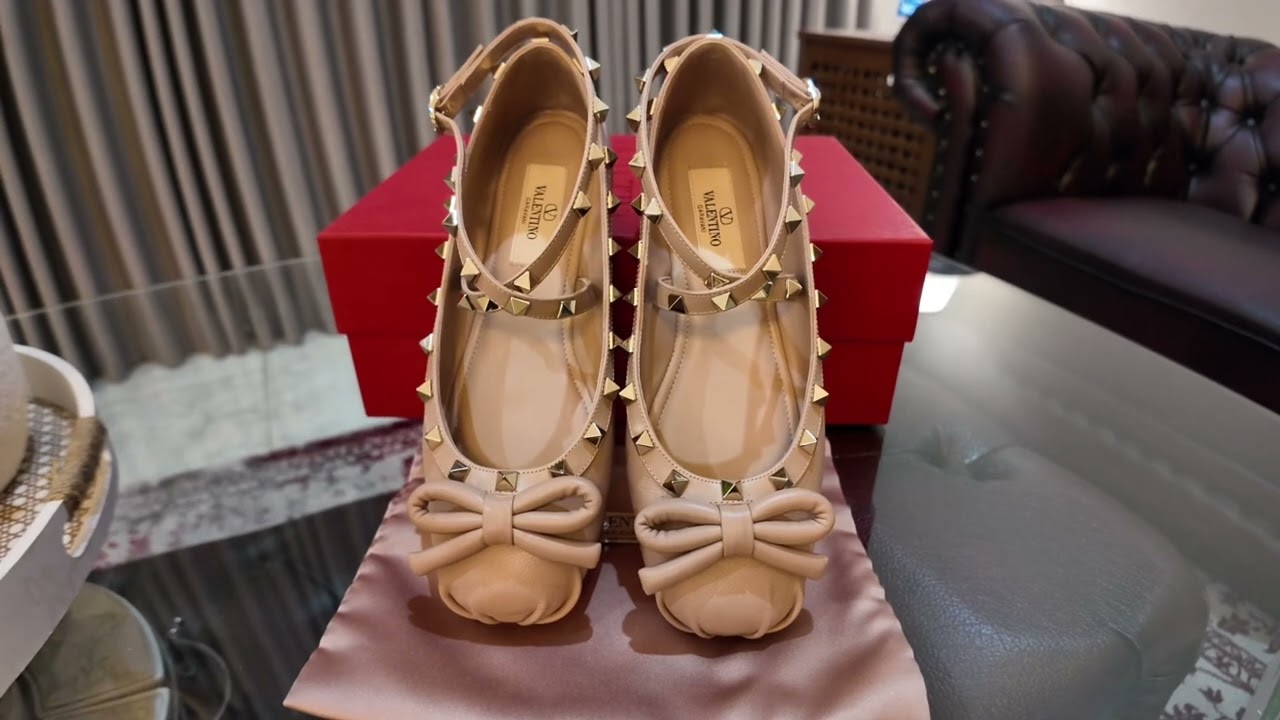 Valentino Rockstud criscross Ankle Strap Ballet Flats Leather Bow Rose Canelle