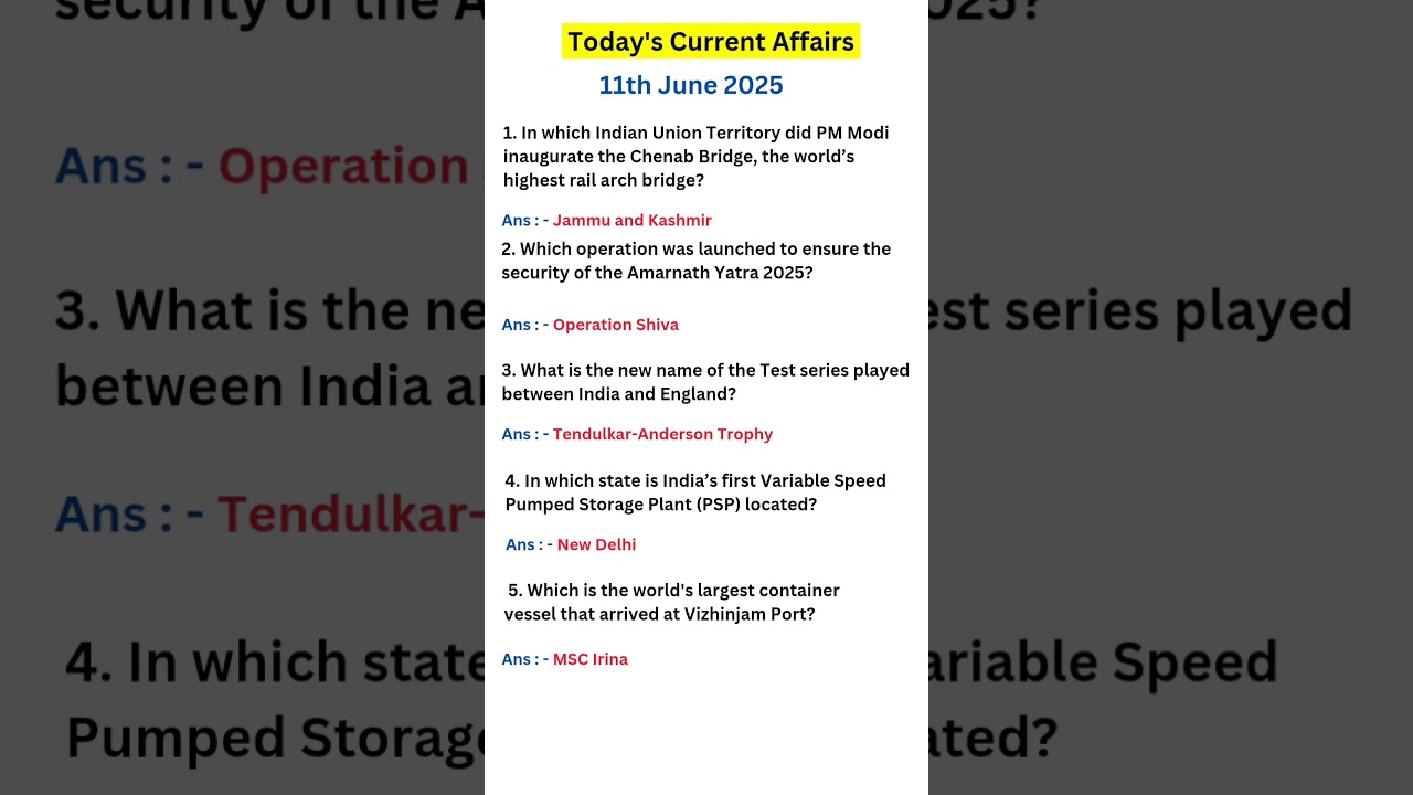 Today Current Affairs 💯 11 June Current Affairs 2025 | Current Affairs 2025 #youtubeshorts #shorts