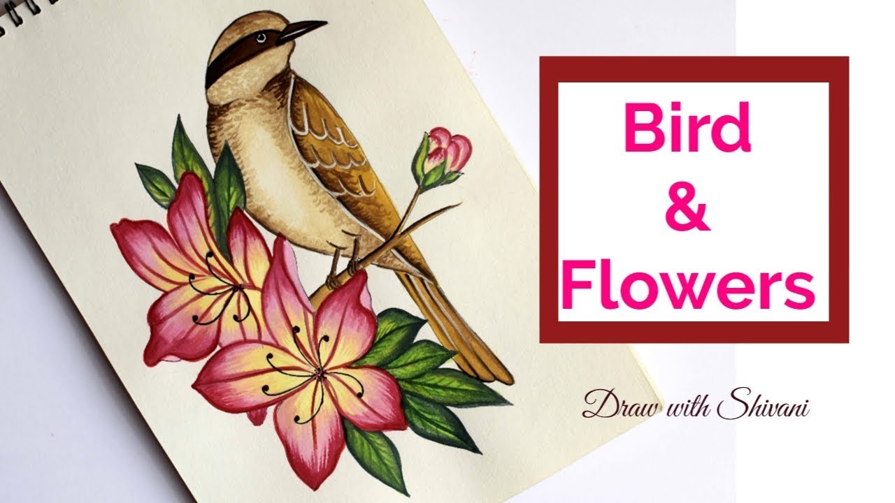 Bird and Flowers Poster Color Painting/ How to draw Bird with Flowers