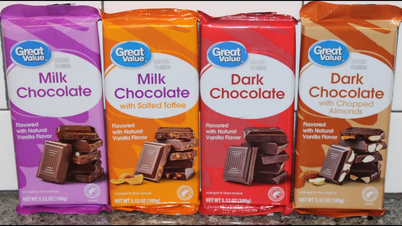 Great Value Walmart Milk Chocolate, Milk Chocolate w/Toffee, Dark Chocolate,Dark Chocolate w/Almonds