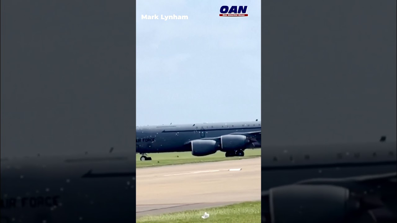 Damaged USAF KC‑135 refueling plane touching down at RAF Base