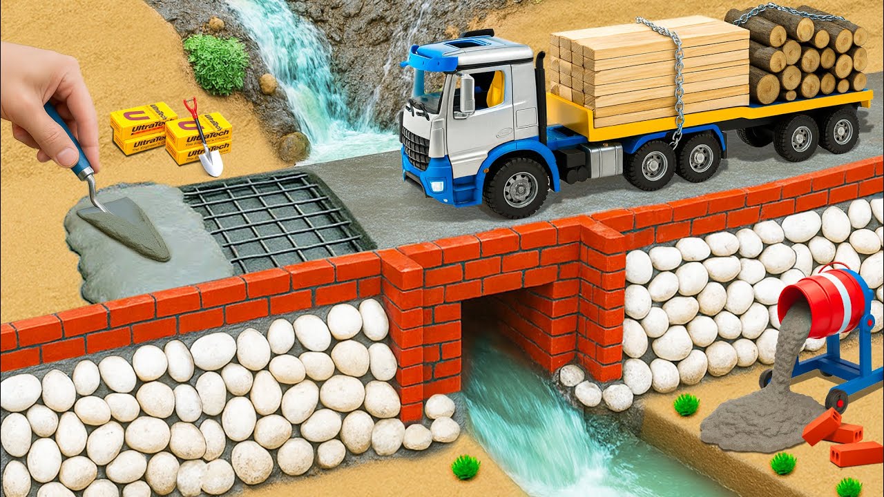 DIY Mini Truck Builds a Strong Brick and Concrete Bridge for Heavy Trailer Trucks After the Flood