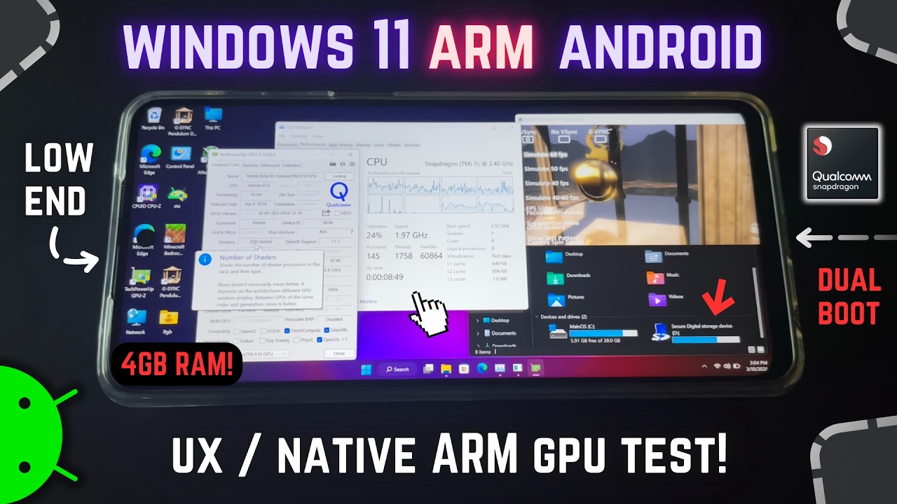 Работает под управлением Windows 11 ARM на Android | Тест производительности рабочего стола и игр...