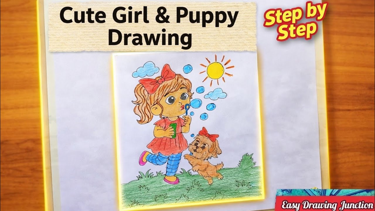 How to Draw a Cute Girl Blowing Bubbles with Dog | Easy Drawing for Kids Step by Step