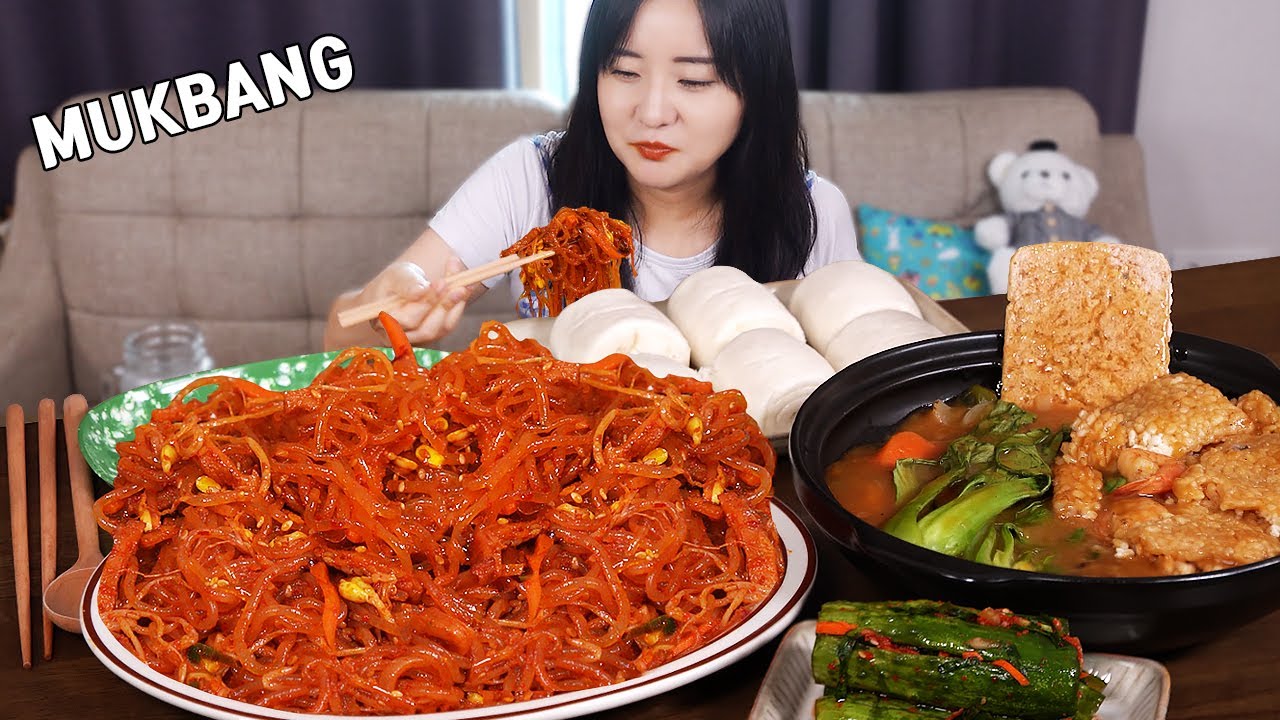 Приготовление Mukbang:) Пряный Japchae со стеклянной лапшой | Суп Нурунгжи с морепродуктами.