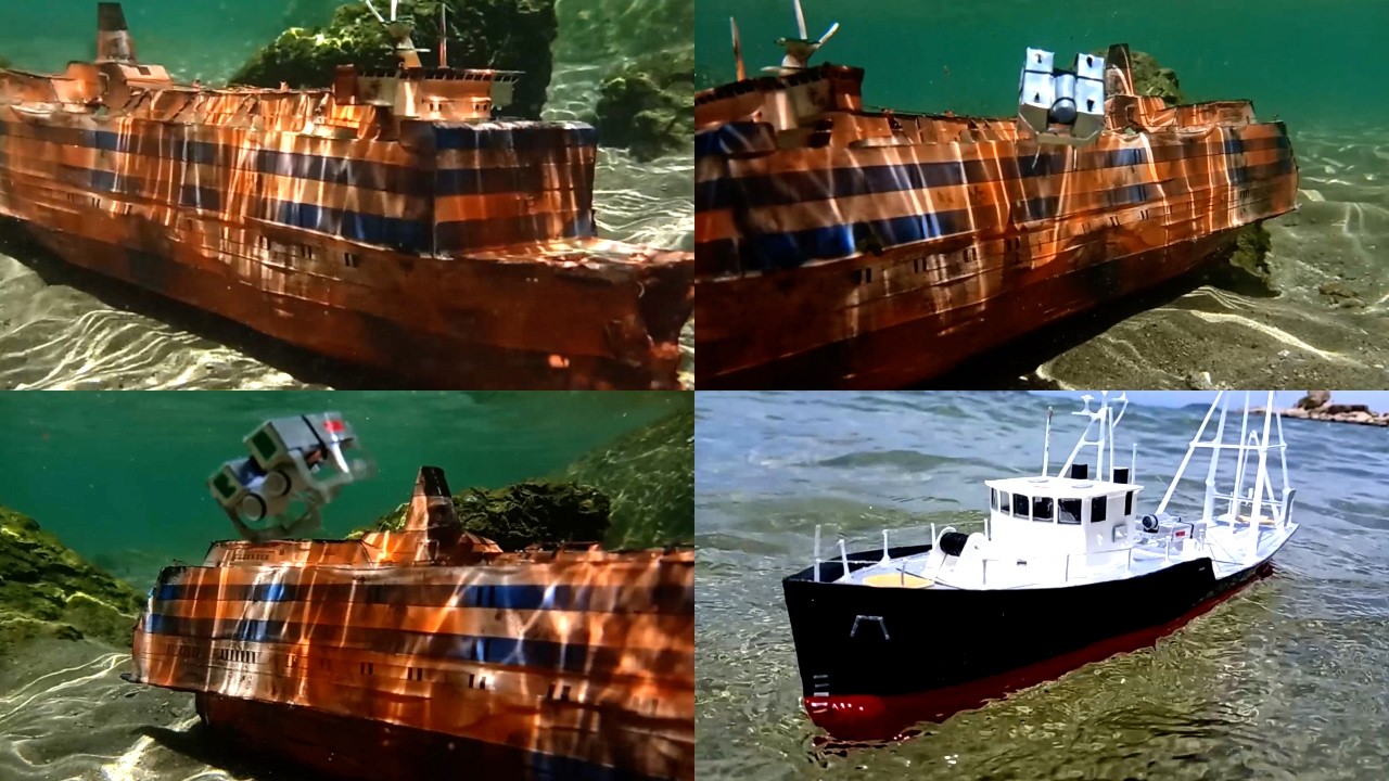 Sunken cardboard ship Estonia explored by model search ship and bathyscaphe, underwater footage