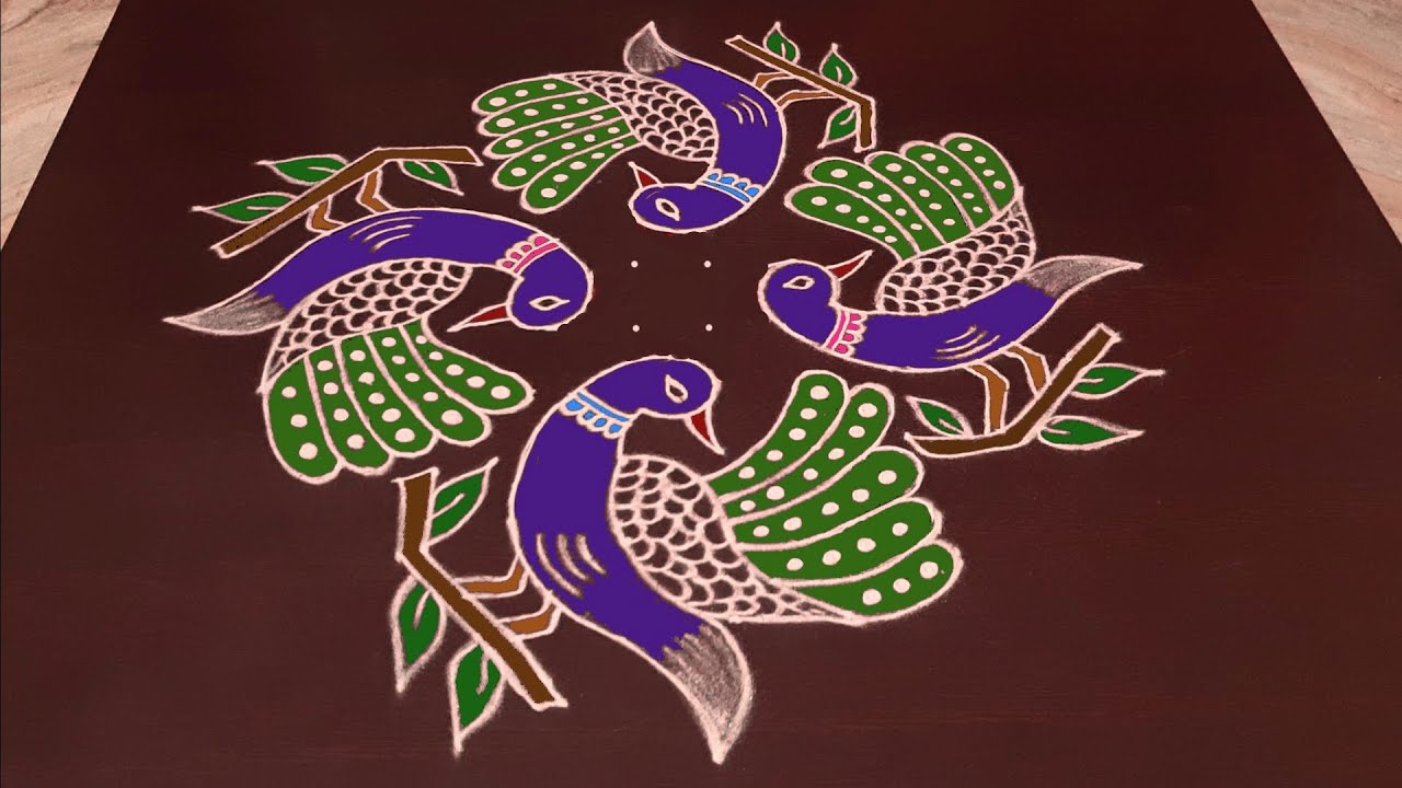 Peacock Rangoli with 10X4 dots | cute kolam with dots | Mayil kolam | Peacock muggulu