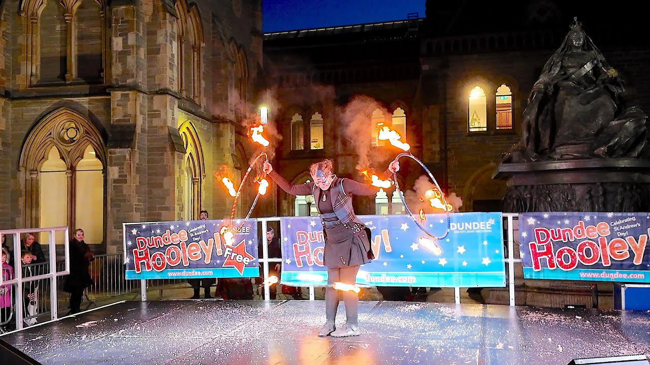Burning rings of fire from PyroCeltica fire show during 2025 Dundee Hooley celebrations in Scotland