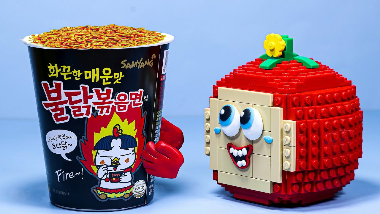 ASMR MUKBANG 3 Levels of Spicy Noodles Slurpy Sticky Eating Sounds Lego Apu Adventures