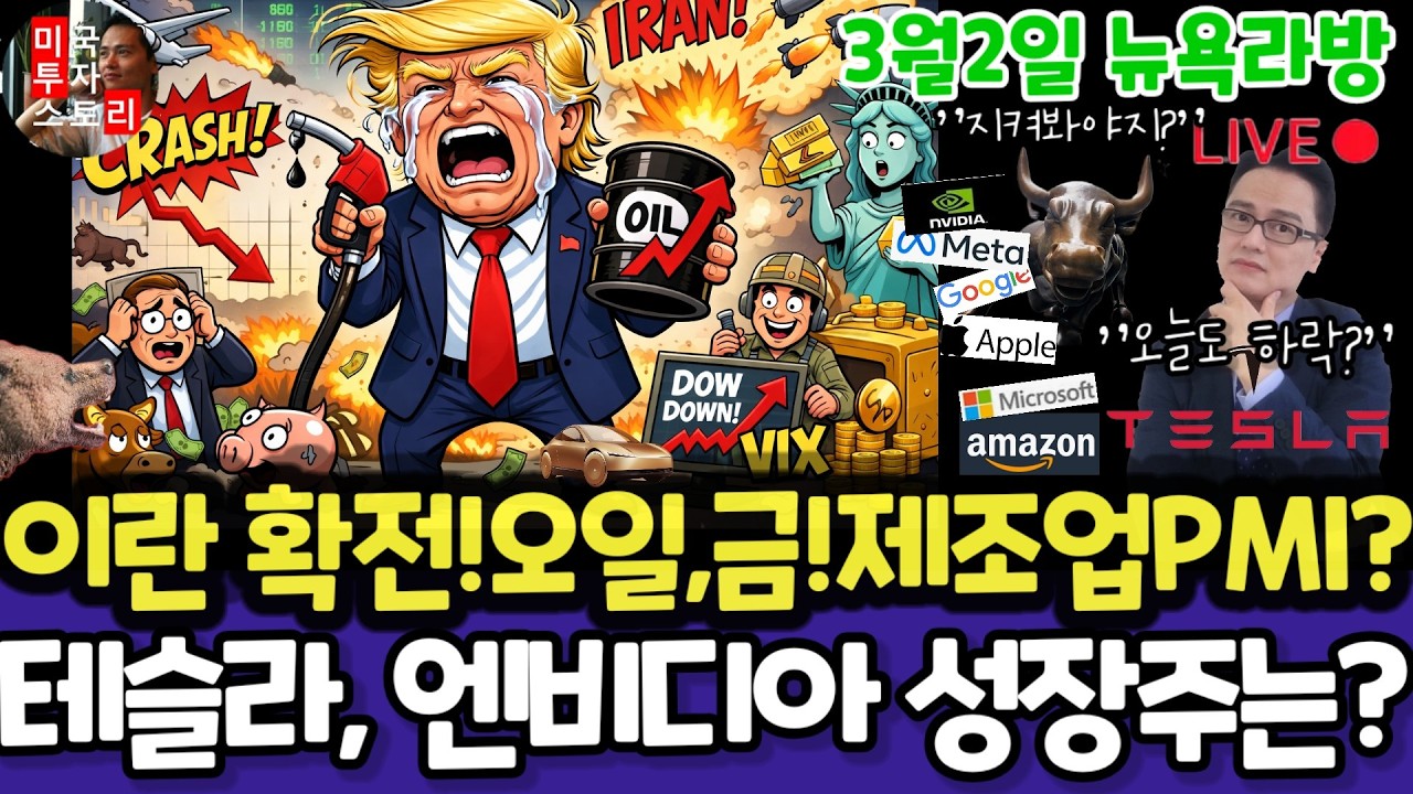 미국주식/이란중동전쟁,금은오일,제조업PMI/테슬라 엔비디아 구글 애플 아마존 메타 마소 팔란티어 아이온큐 QBTS 삼성전자 MU브로드컴 오라클 코어위브 샌디스크 비트코인 LLY머크