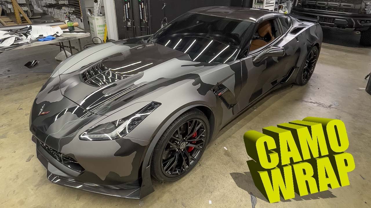 Полное преображение Corvette C7: оклейка виниловой пленкой Satin Black Camo!