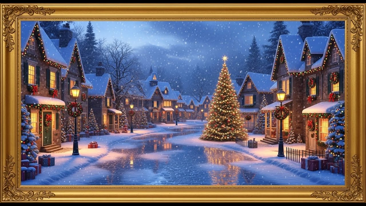 Frame TV Art with Music: Magical Christmas Village: Snowy European Street with Central Tree