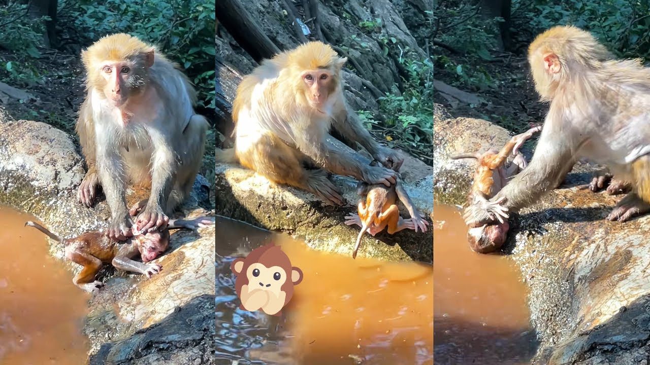 The mother monkey saw that her baby monkey was too dirty, so she took him to wash.