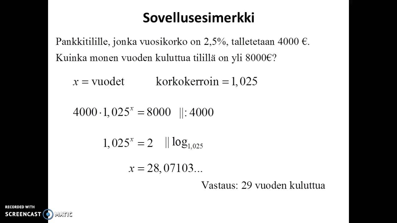 Eksponenttiyhtälön ratkaiseminen ja logaritmi