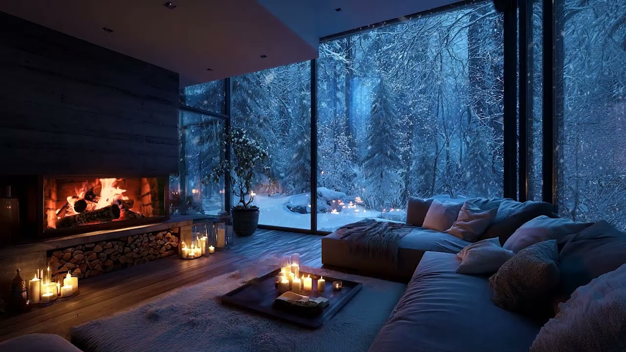 Winter Wind and Snow Beyond the Window | Cozy Fireplace Sounds for Relaxation and Night Rest