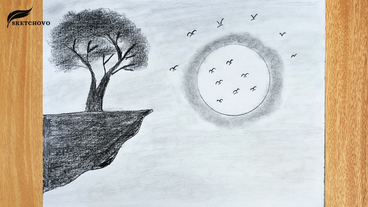 How to Draw Easy Scenery | Pencil Drawing for Beginners | Cliff Tree, Moonlight & Birds