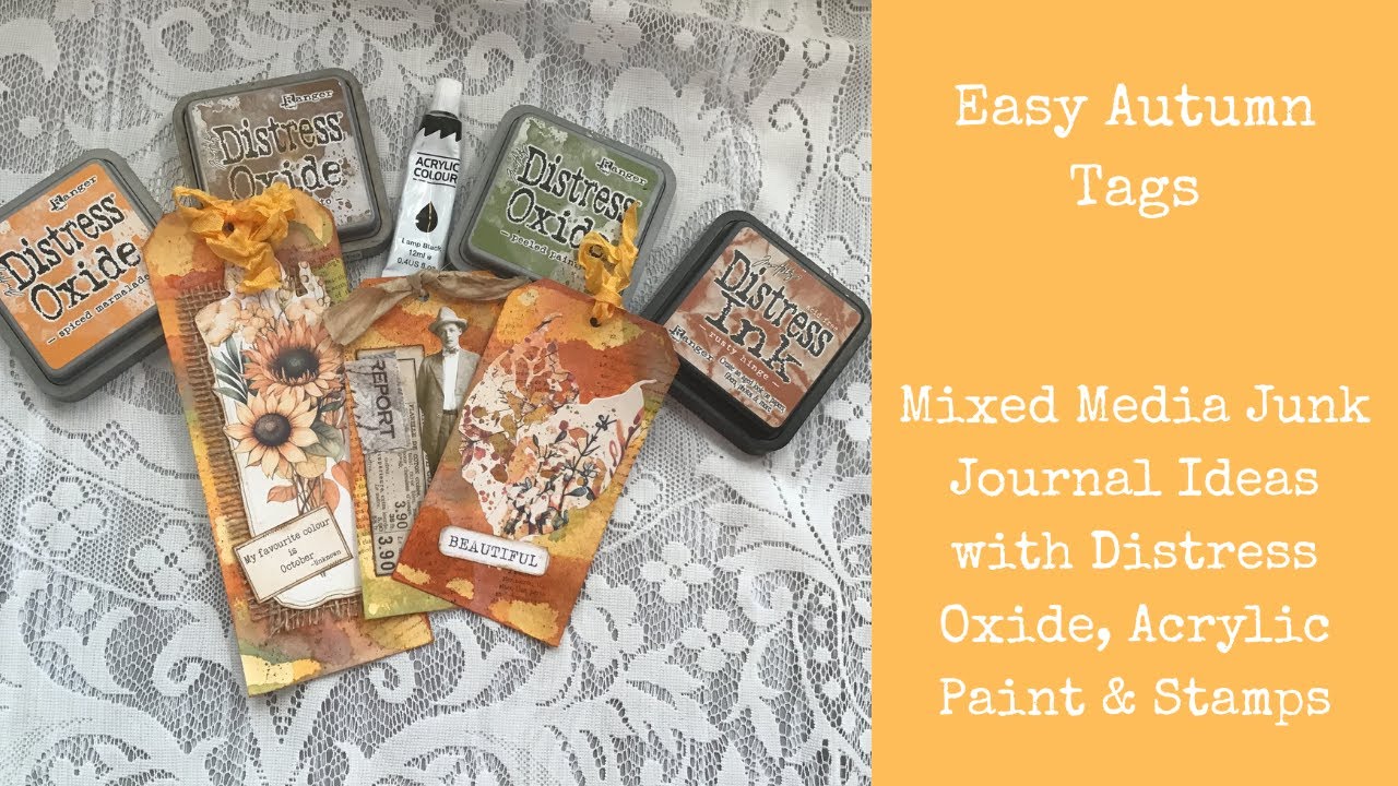 🍁 Easy Autumn Tags | Mixed Media Junk Journal Ideas with Distress Oxide, Acrylic Paint & Stamps