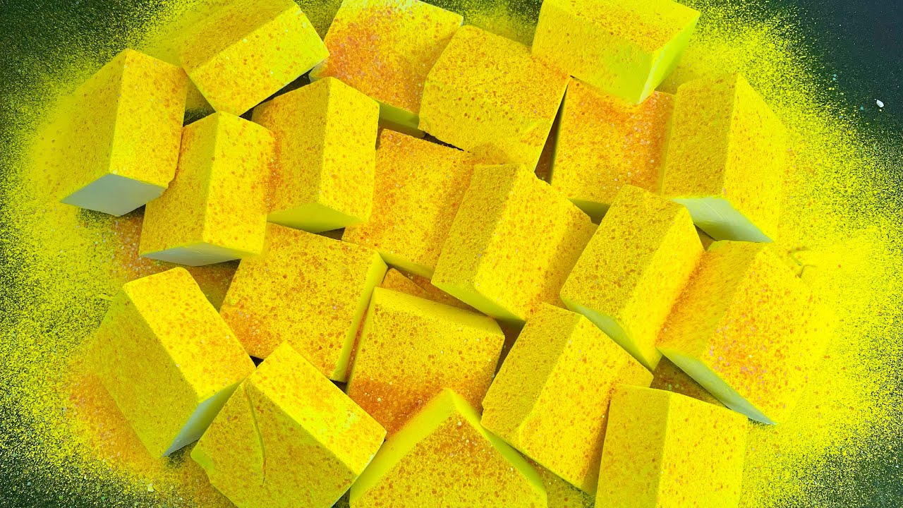 20 Blocks of Yellow pigment powder topped with Cheeto puff glitter | Satisfying ASMR | Sleep Aid