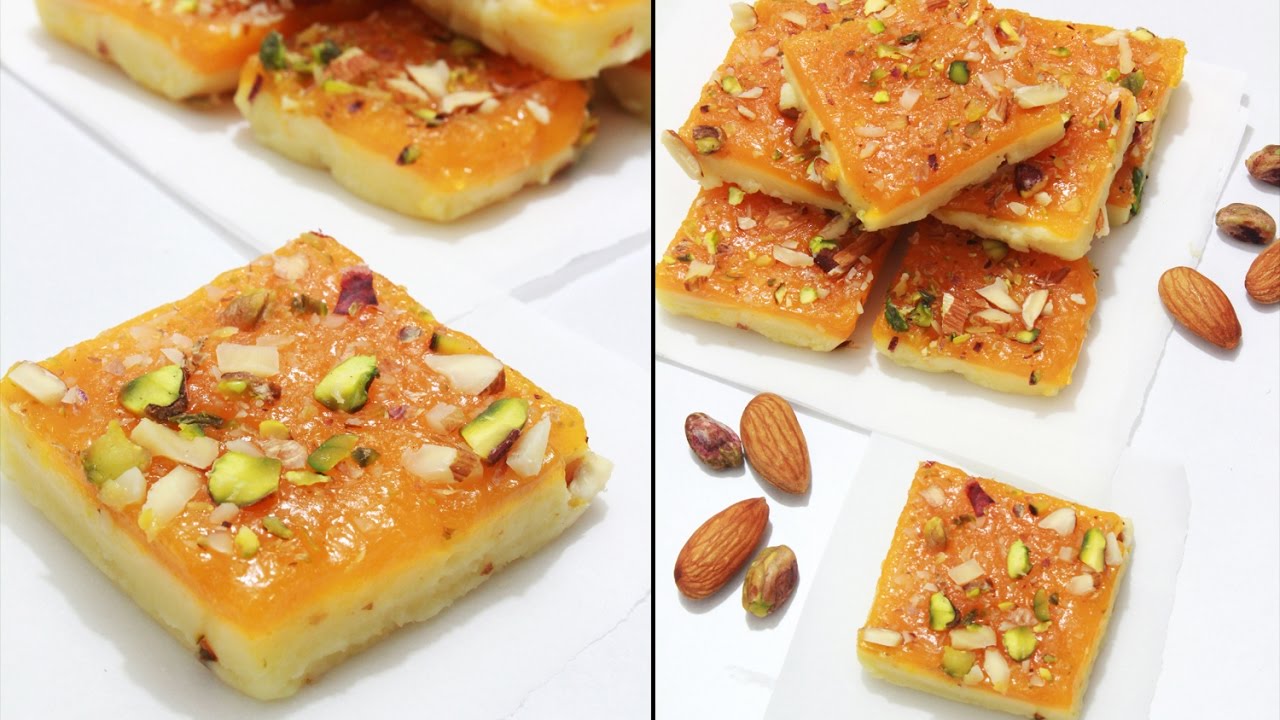 2 layered milk mango burfi | milk mango fudge