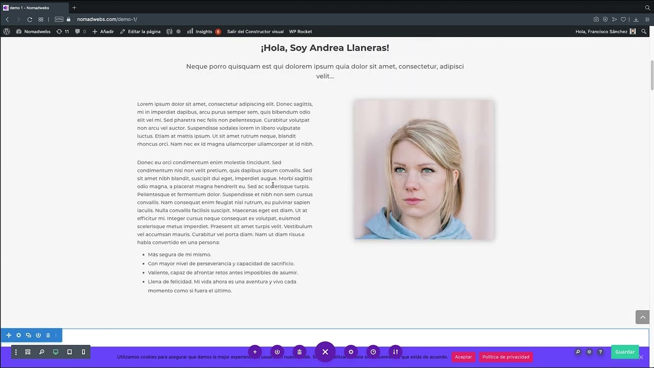3. Ajustar filas y textos en Divi