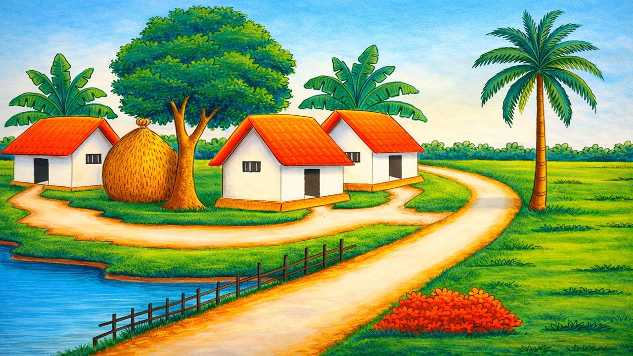 How to draw easy scenery | drawing beautiful landscape village scenery step by step with oil pastel