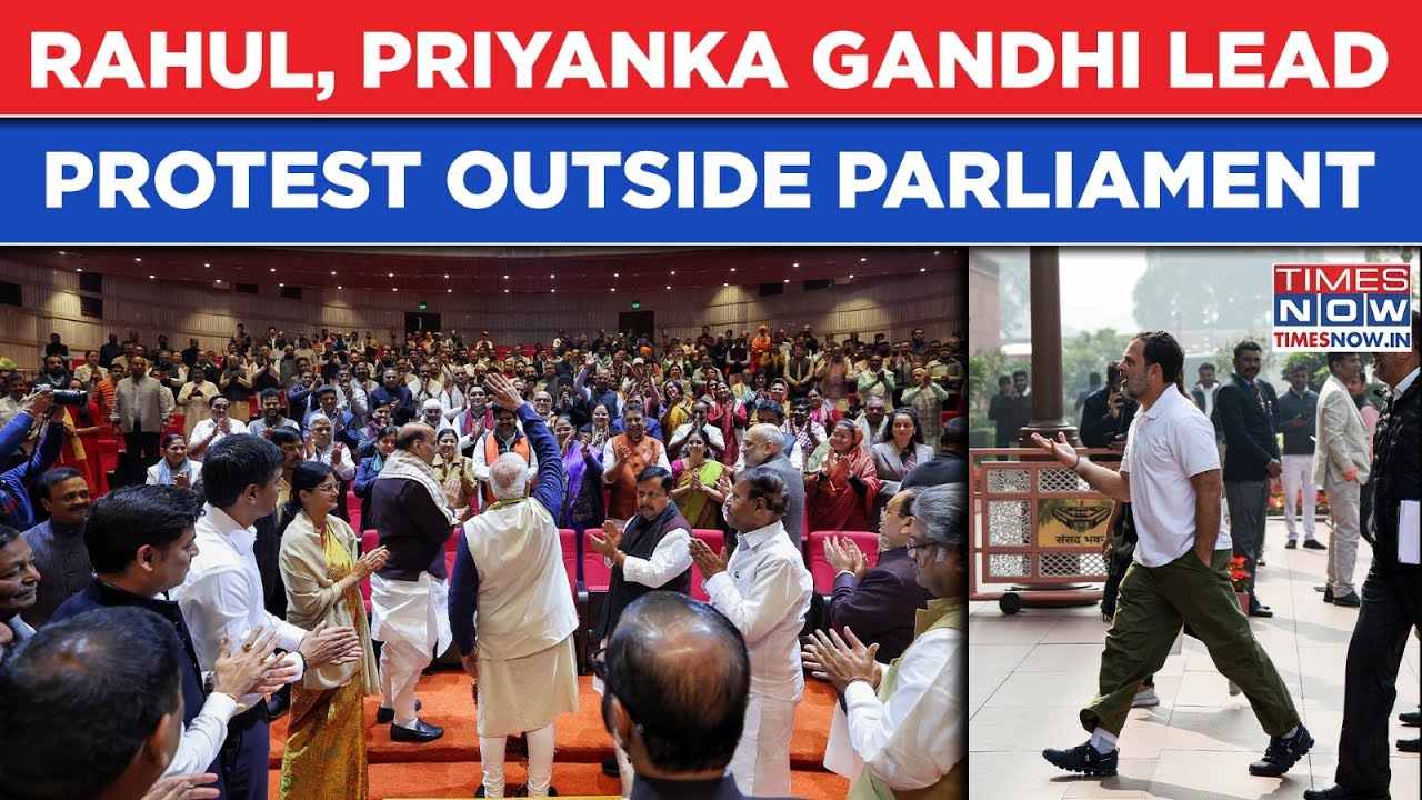 Lok Sabha MPs Suspended: Rahul, Priyanka Gandhi Lead Congress Protest Outside Parliament| Watch