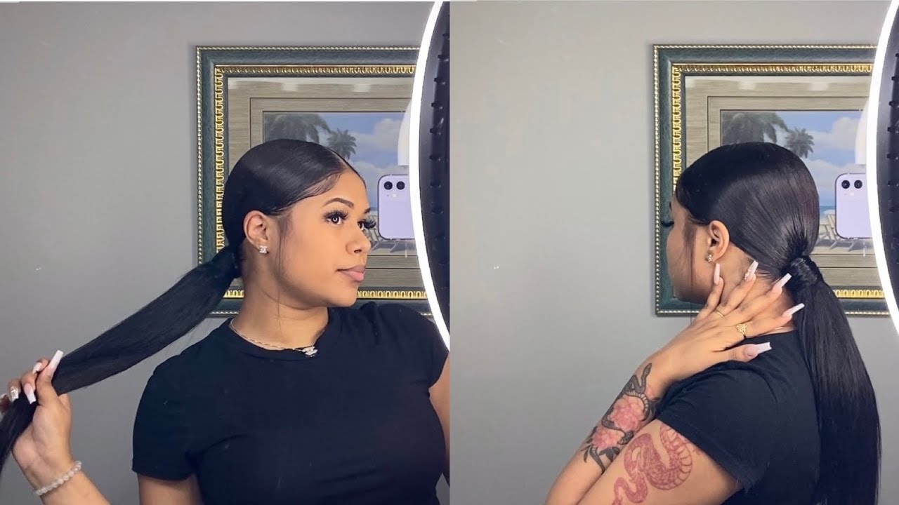 Sleek Low Invisible Ponytail | Middle Part | No glue or thread