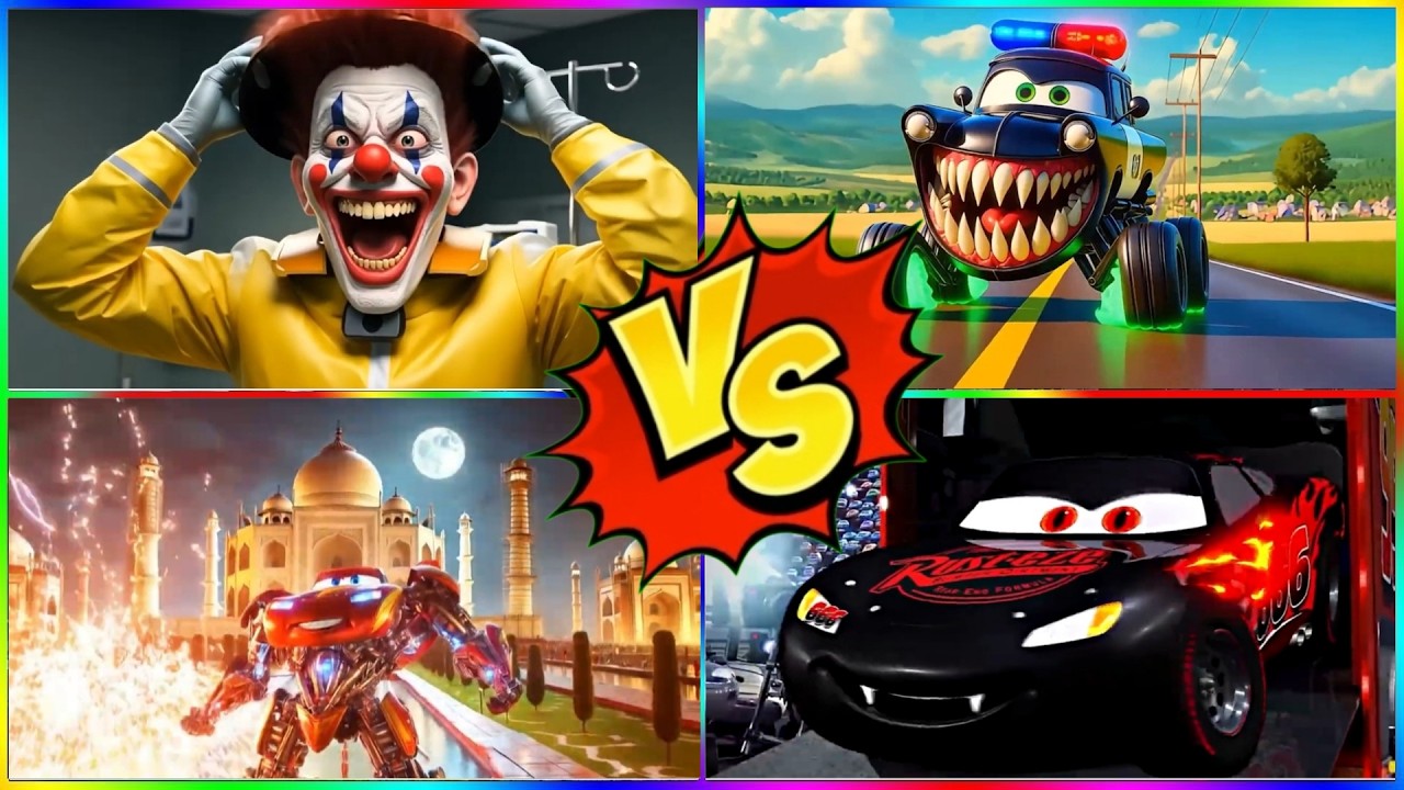 🟥 EVIL MCQUEEN vs 🟦 POLICE MONSTER vs 🟨 MINIONS EXE vs 🟪 TRANSFORMER MCQUEEN – WHO WINS? 😱