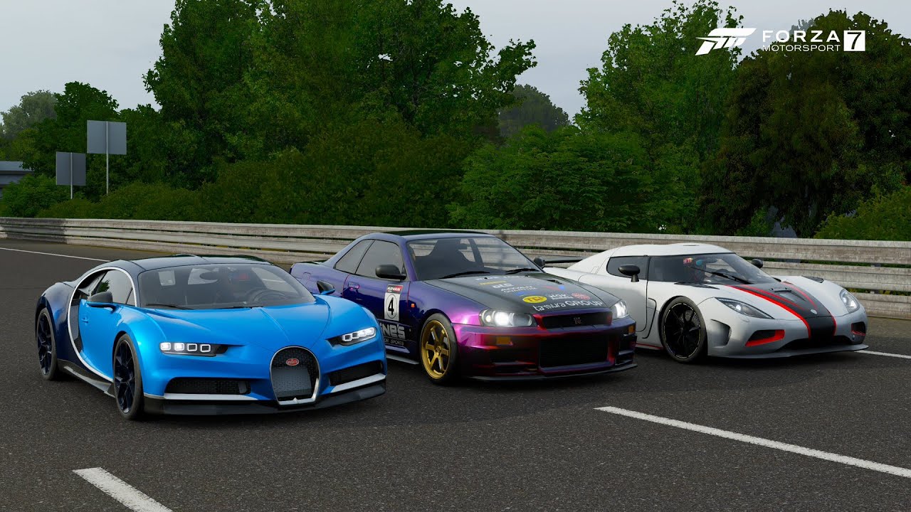 Forza 7 Drag race: Koenigsegg Agera R vs Bugatti Chiron vs Skyline R34 (Tuned)