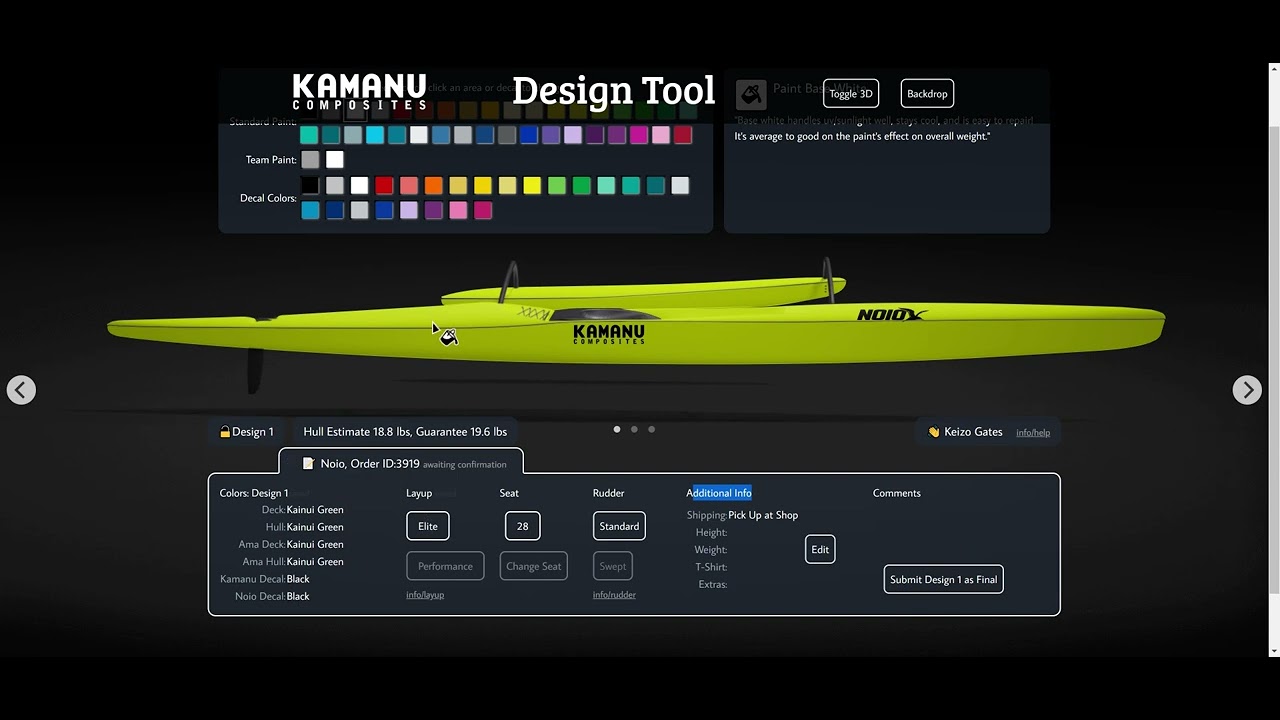 Kamanu Composites Design Tool, decisions when purchasing a Noio OC1 Canoe