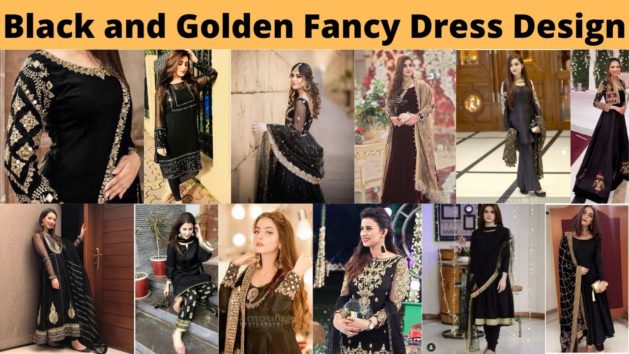 Golden and Black Color dress designs, Party wear black fancy dress designs,  Black dress designs