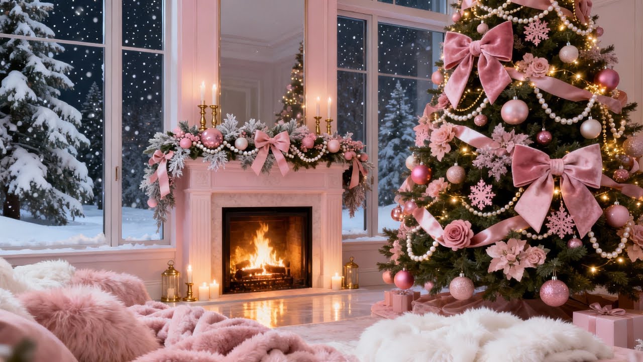 🎄💗 Jazzy Pink Christmas by the Fireplace 🎀 Cozy Snowy Window + Soft Christmas Jazz