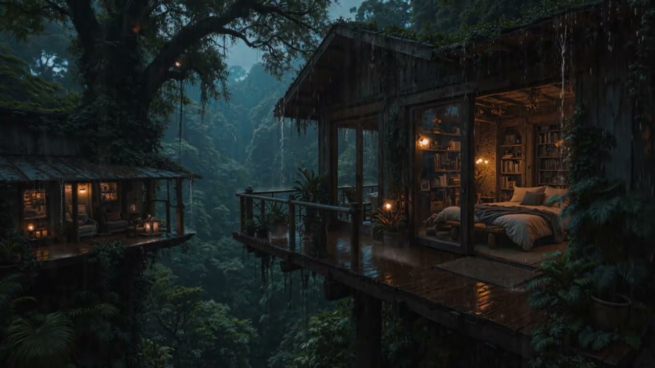 Cozy Woodland Cabin Under Soft Rain 🌧️ | 8 Hours Night Ambience for Sleep (4K – No Ads)