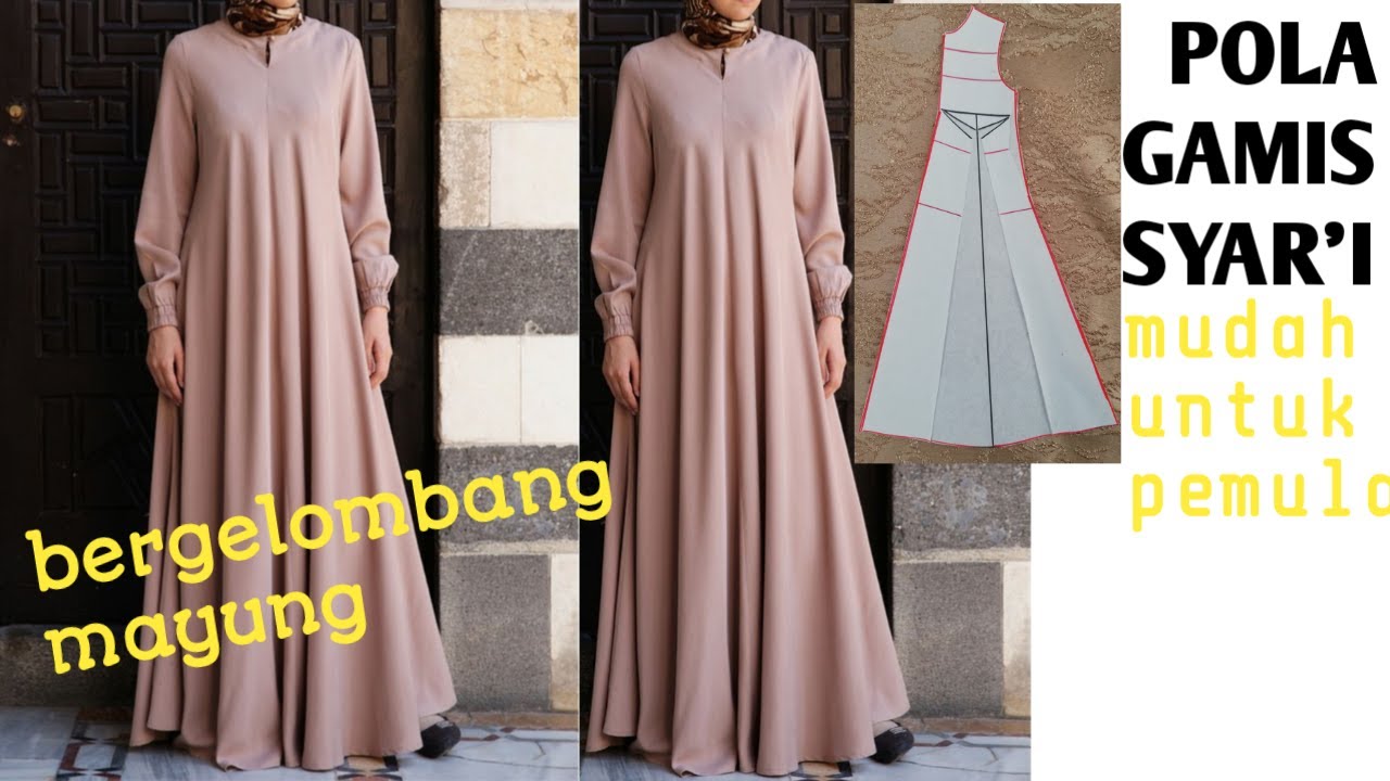 Pola baju gamis a line payung potongan depan sangat mudah bagi pemula | pola baju gamis syar'i