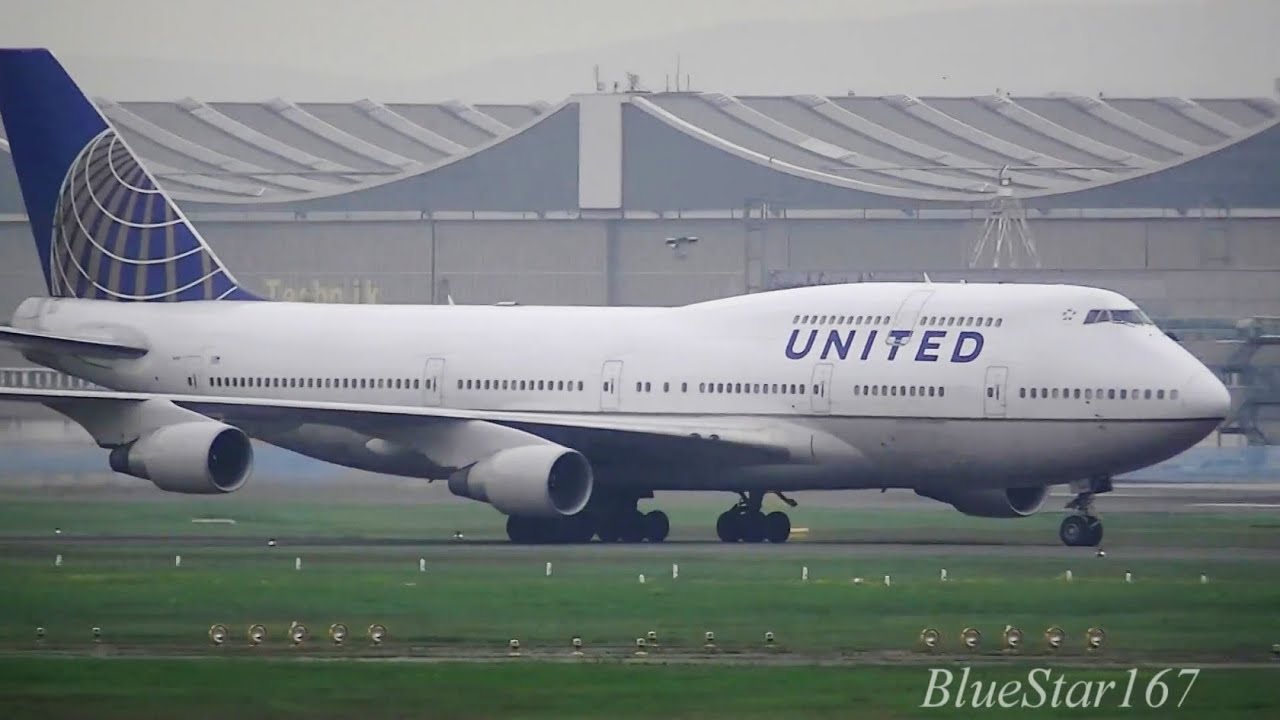 United Airlines Boeing 747-400 (N128UA) landing at FRA/EDDF (Frankfurt am Main) RWY 07R