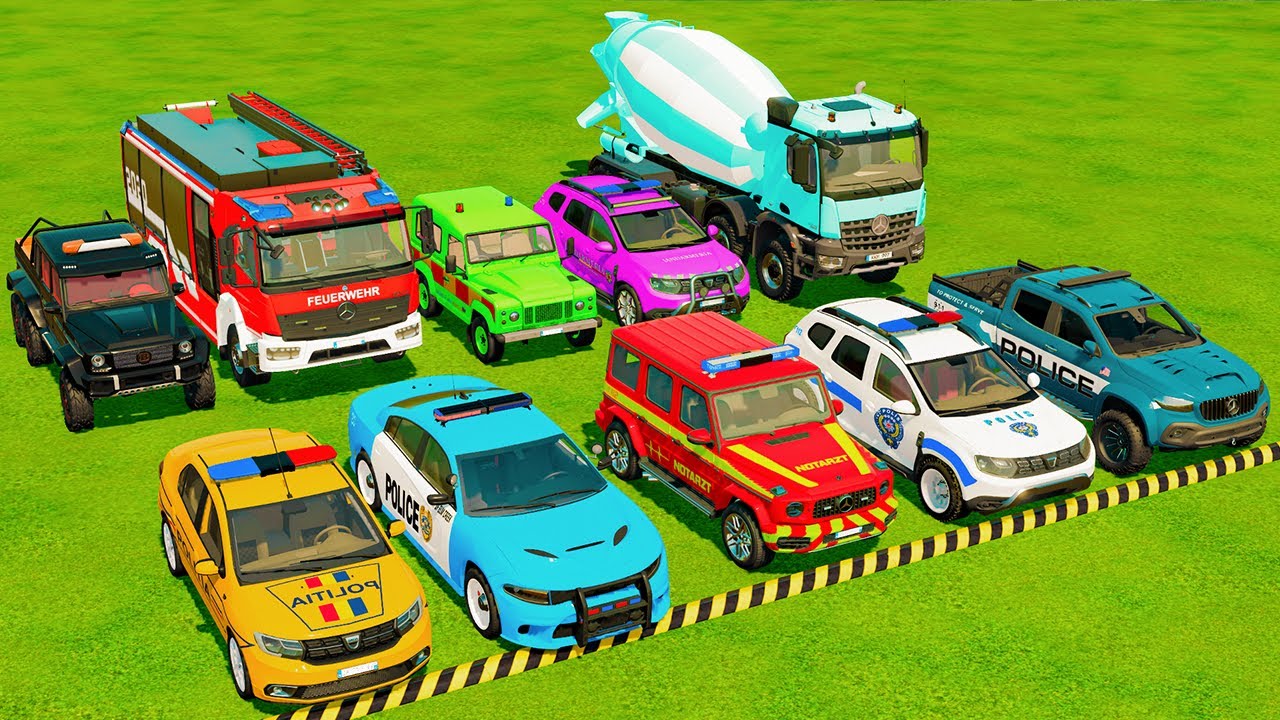 TRANSPORTING POLICE CARS, AMBULANCE, FIRE TRUCK, COLORFUL CARS WITH TRUCK -FARMING SIMULATOR 22!