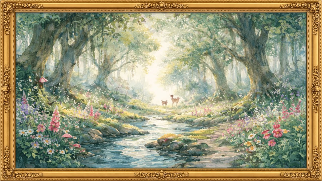 Whimsical Forest Gold Frame TV Art | 5 Hours Long | NO ADS | Relaxing Watercolor Artwork