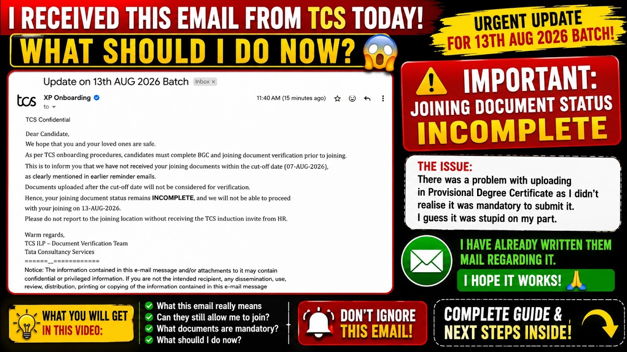 🚨TCS 13th Aug Joining Cancelled? | Got This Email Due to BGV Document Verification | What To Do Now?