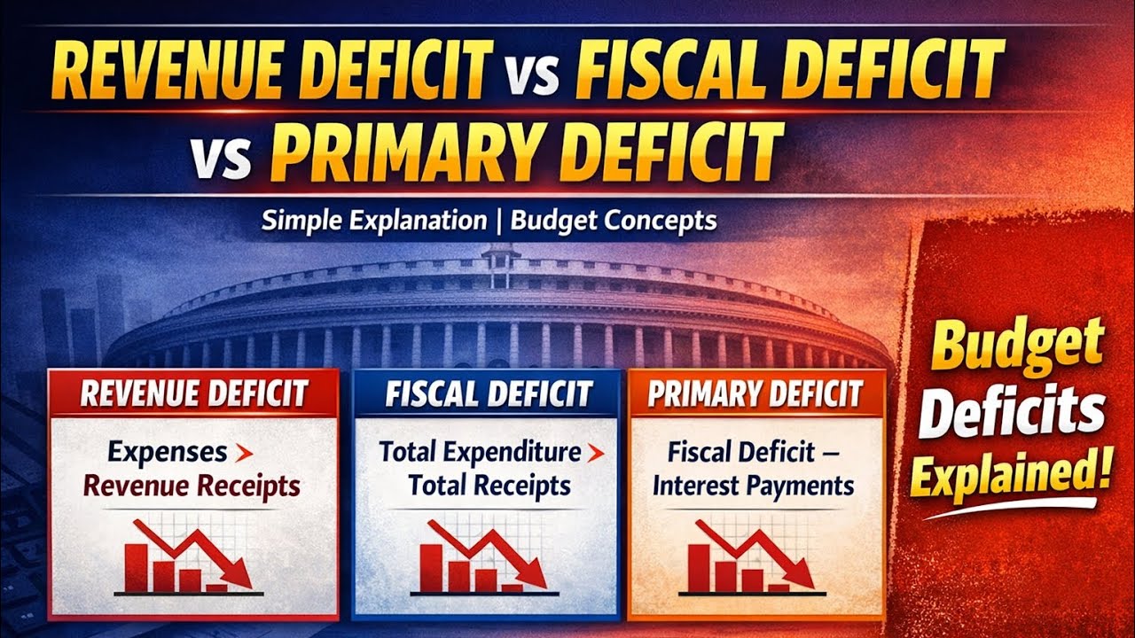 Revenue deficit, fiscal deficit and primary deficit kya hota hai budget deficit types in easy explan