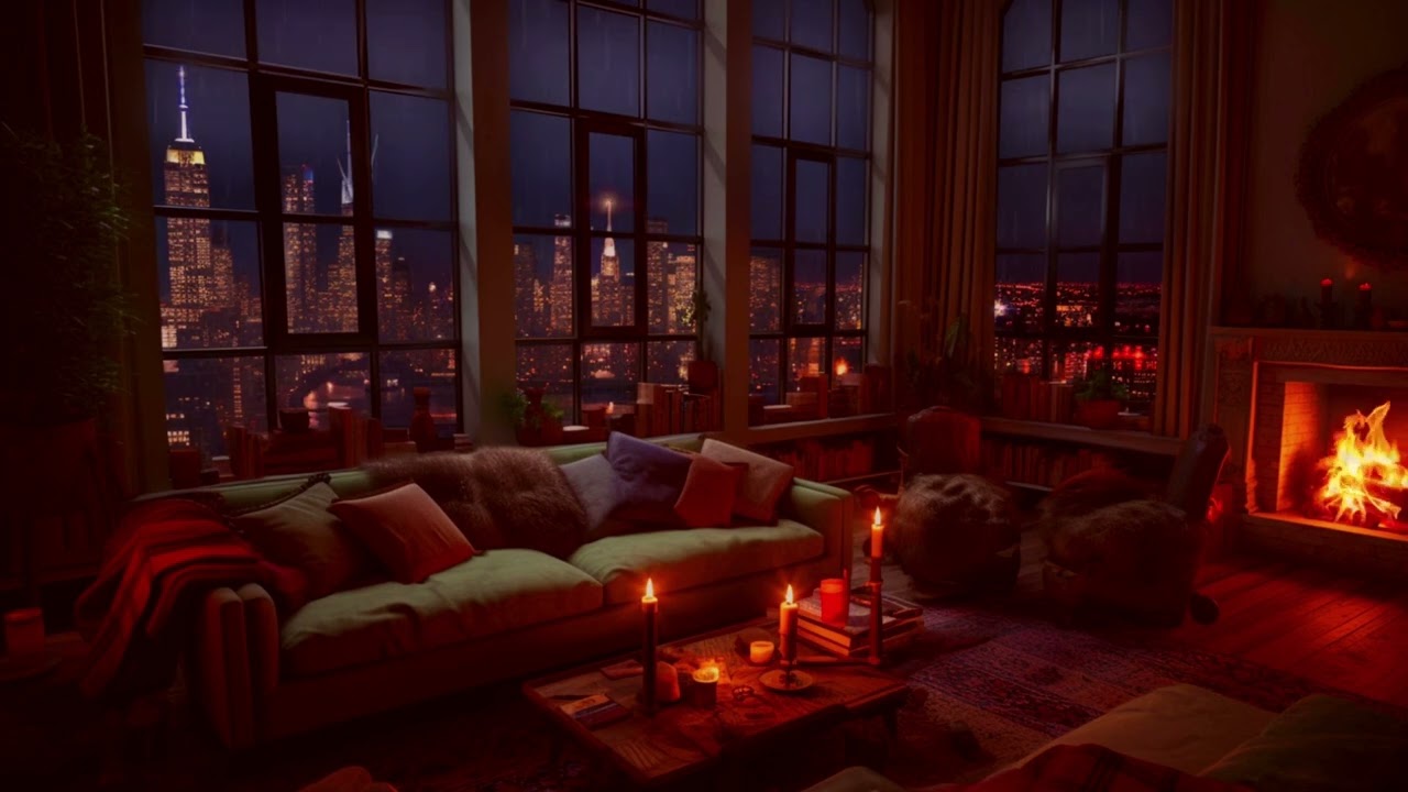 Rainy Night in a Cozy New York Loft  - ASMR Ambience with Thunderstorm & Crackling Fireplace Sounds