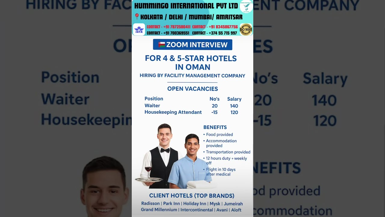 New jobs in Oman 🇴🇲 for Indian 🇮🇳 Hospitality jobs | Salary 140OMR | gulf jobs #shorts #oman #cv