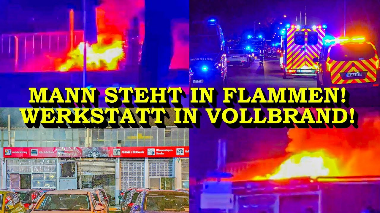 +++ DRAMATISCHES FEUER IN WERKSTATT: JUNGER MANN STEHT IN FLAMMEN +++ GROSSEINSATZ DER FEUERWEHR