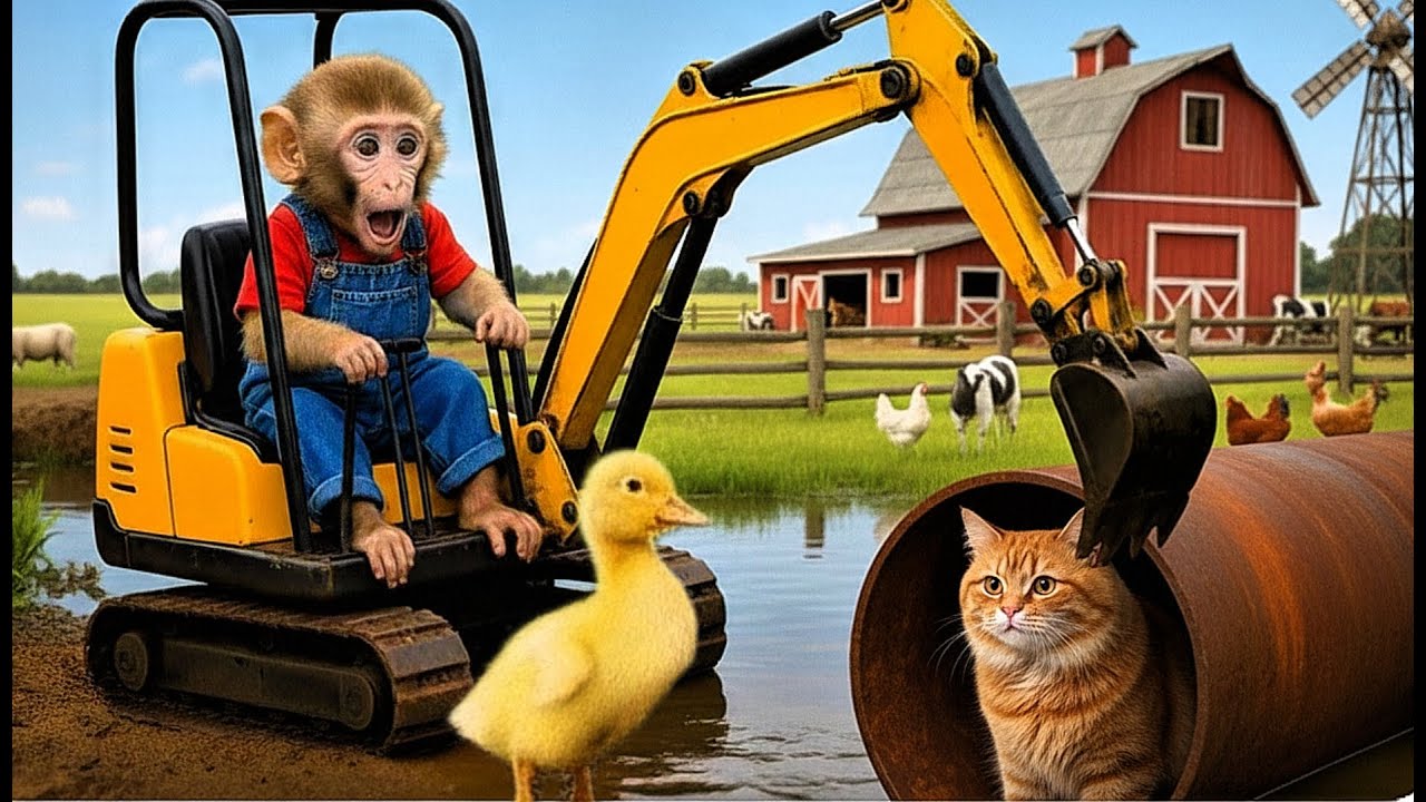 Monkey Farmer And Duckling Uses Excavator To Rescue Kitten Trapped In Water Pipe - Monkey Farm Work