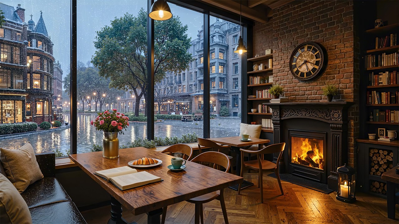 Quiet Rainy Café Ambience 🌧 Soft Jazz Piano & Fireplace Sounds for Work & Relax