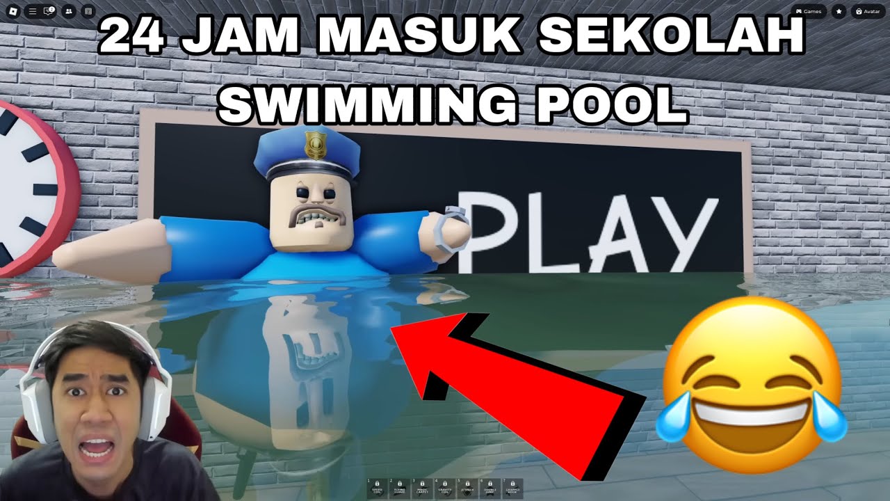 24 JAM MASUK SEKOLAH SWIMMING POOL 😂 RUN FROM UNDERWATER BARRY PRISON OBBY 😈