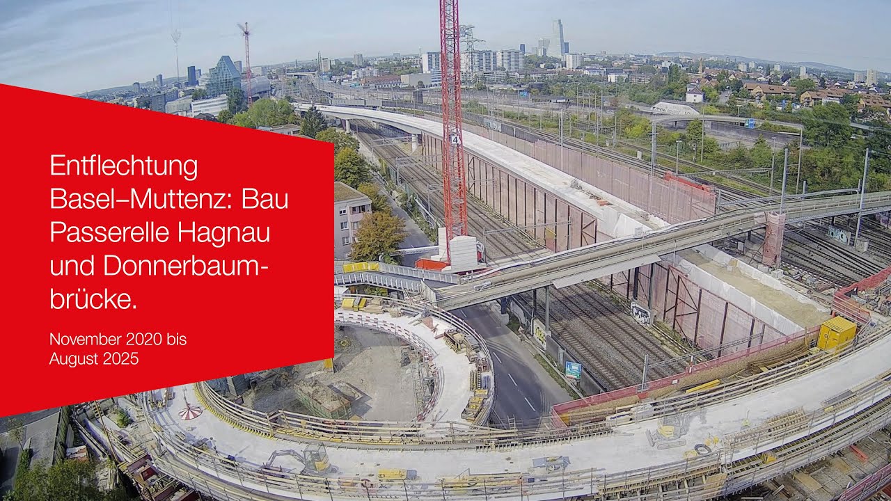 Zeitraffer: Bau Passerelle Hagnau und Donnerbaumbrücke (Entflechtung Basel–Muttenz).