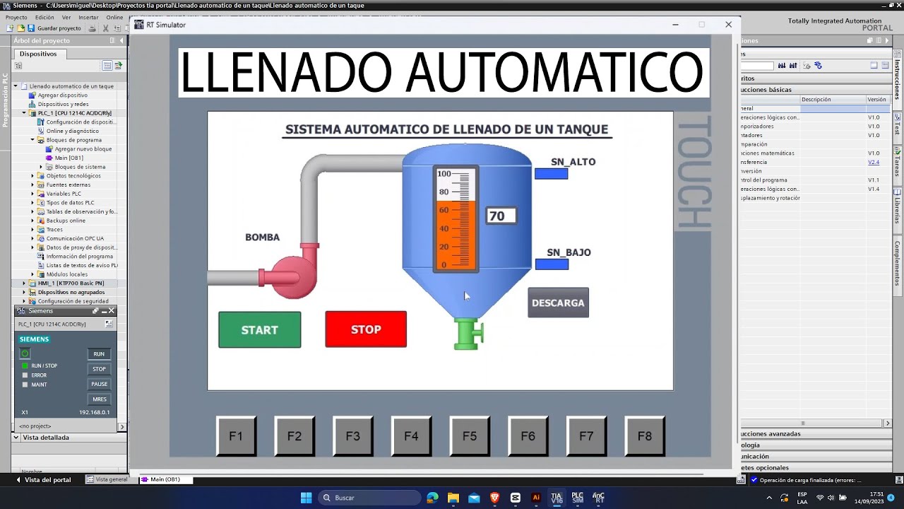 TIA PORTAL Llenado Automático de un tanque Simulación en HMI PLC S7 1200 || LADDER /HMI/PLC