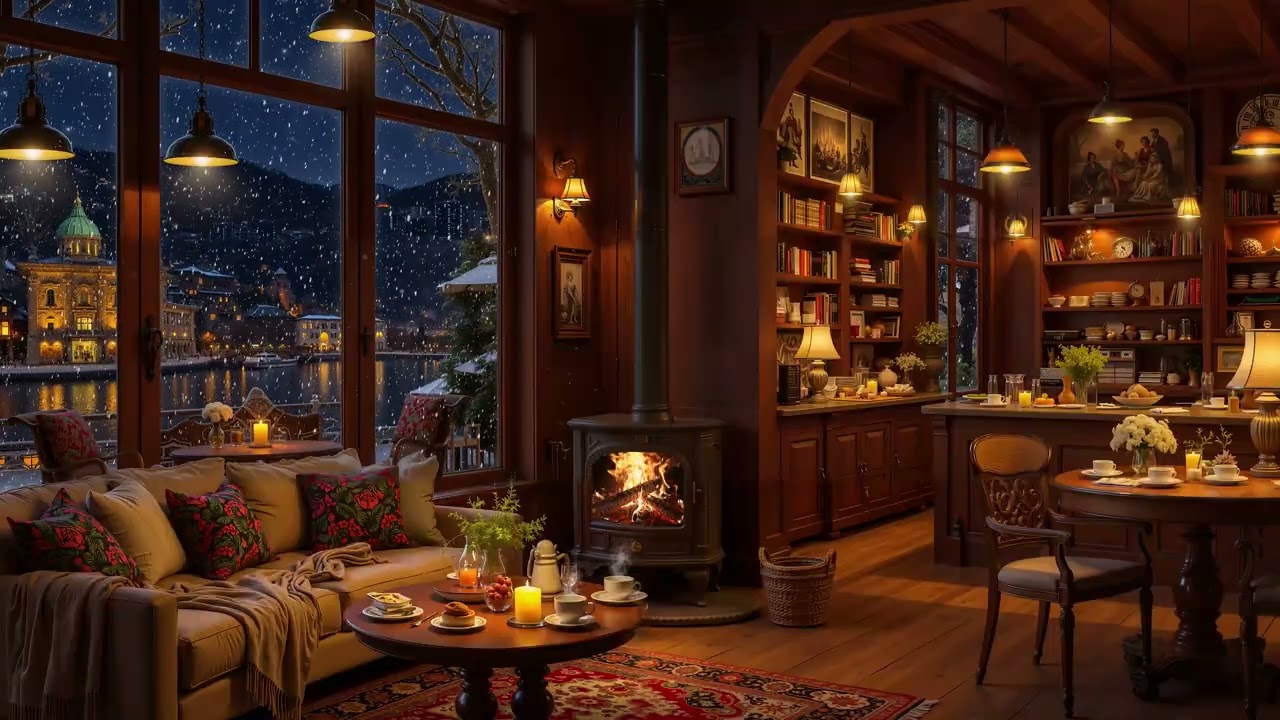 Winter Coffee Shop Ambience ☕ Warm Smooth Piano Jazz & Fireplace Sounds for Calm, Study, Work