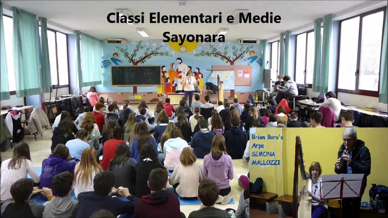 In una scuola a Salsomaggiore (Alunni suonano Sayonara- io e la prof. Flauto e Arpa)